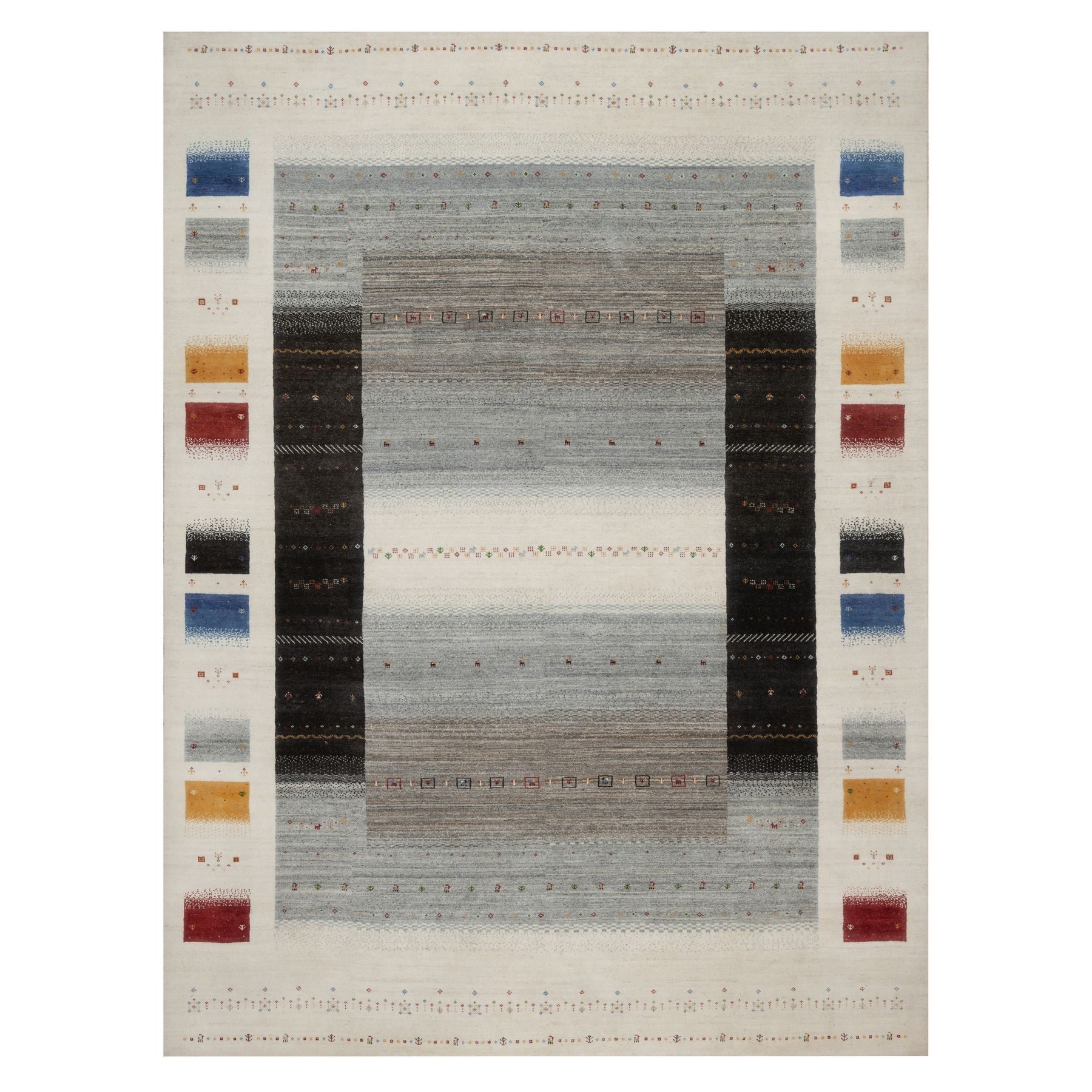 Swan White, Modern, Lori Buft Gabbeh with Small Animal Figurines, Thick and Plush, 100% Wool, Hand Knotted, Oriental Rug